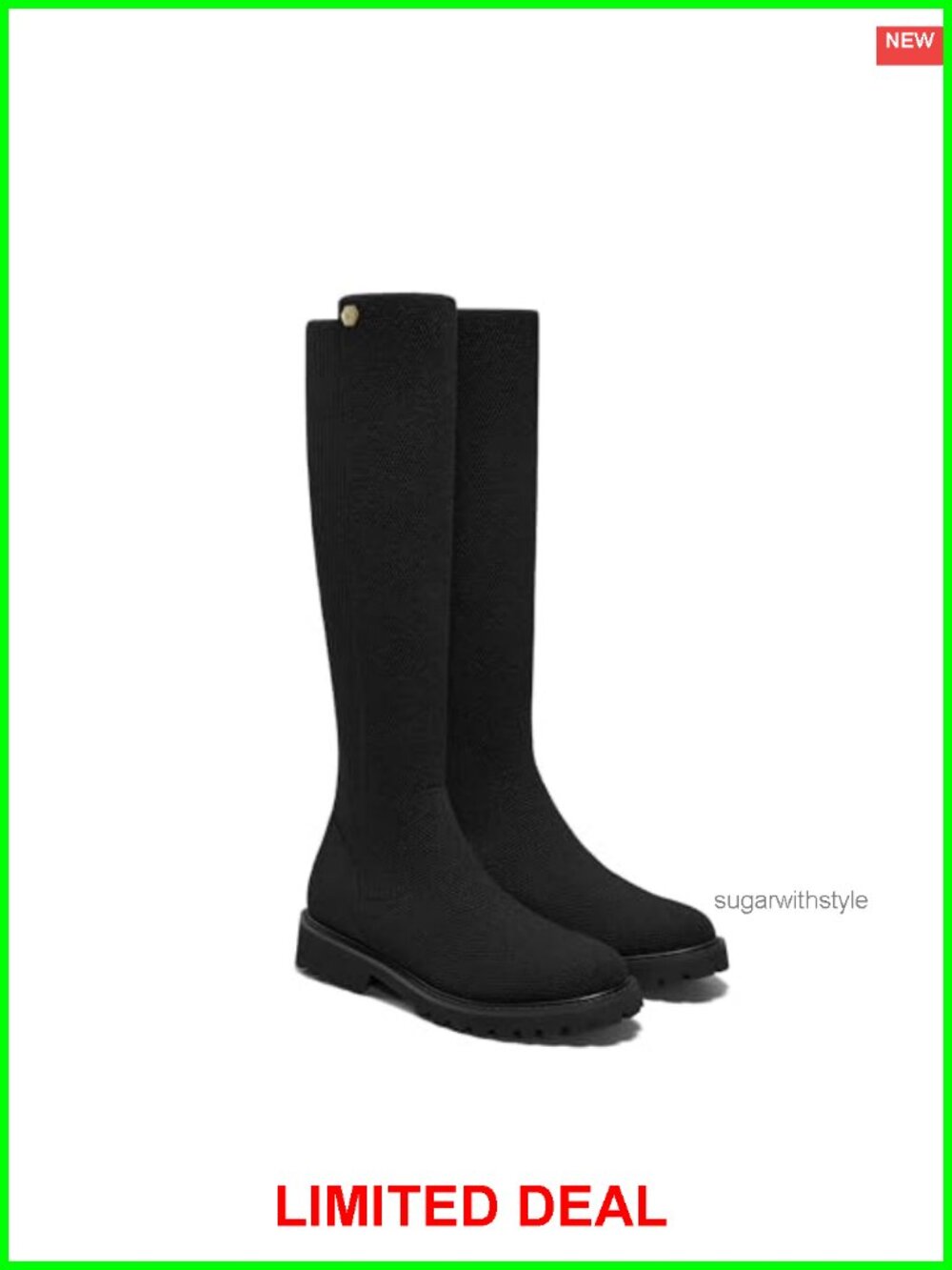 Stretchy Wool Knee High Boots Round Toe Lug Sole Water Repellent Winter